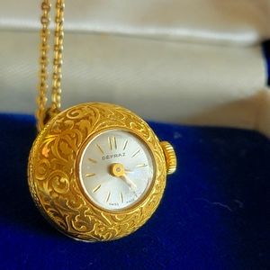 Gold "Depraz" 18k(?) Swiss Globe Ball Watch with chain